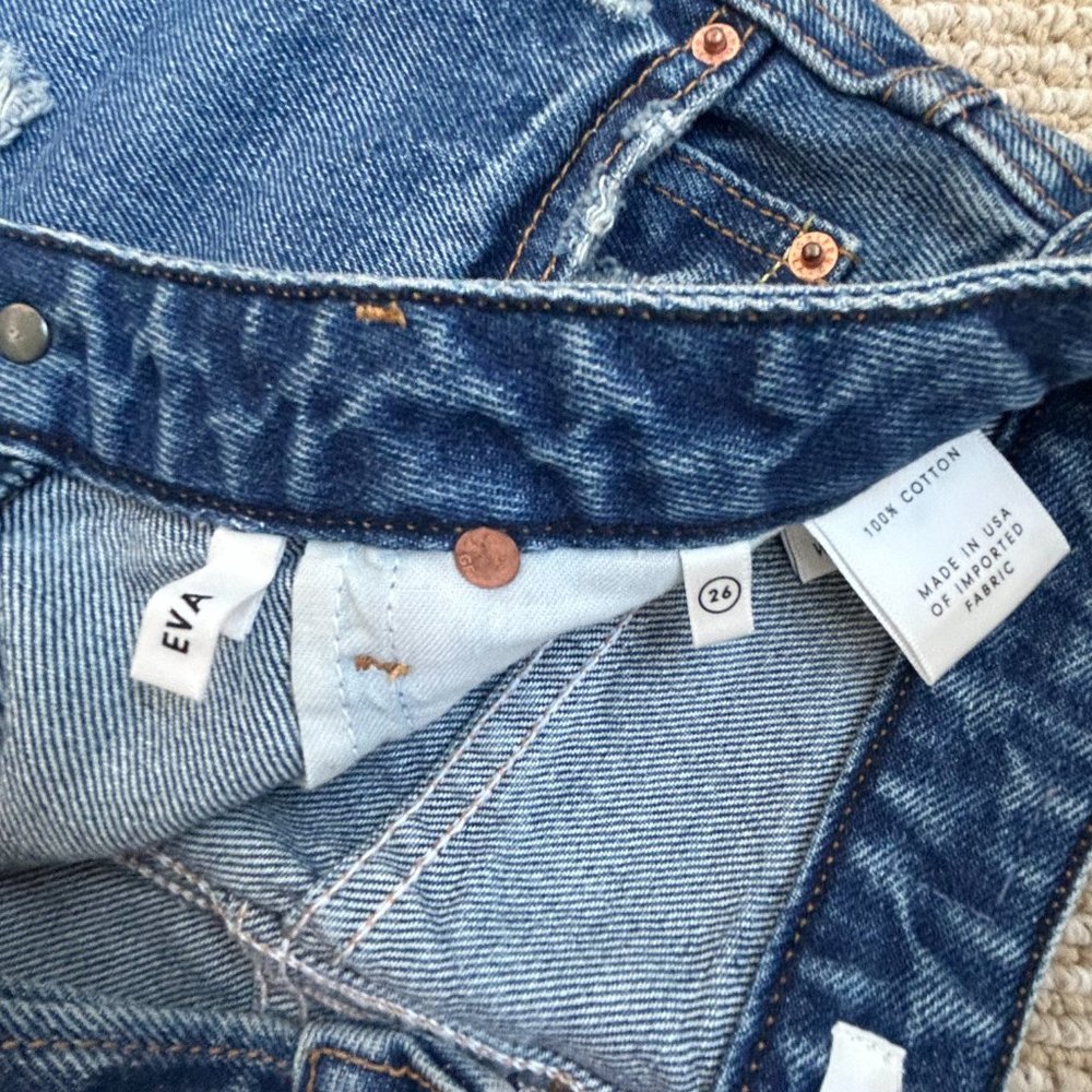 GRLFRND Eva Distressed Faded A-Frame High Waist Denim Mini Skirt REVOLVE Size 26 - Picture 13 of 16